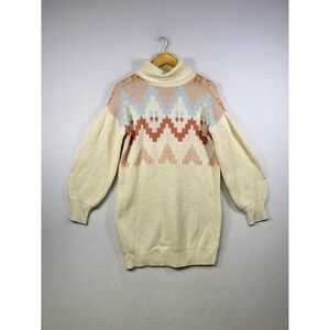 Fair Isle Geometric Turtleneck Sweater Dress Cream Puff Sleeve XS